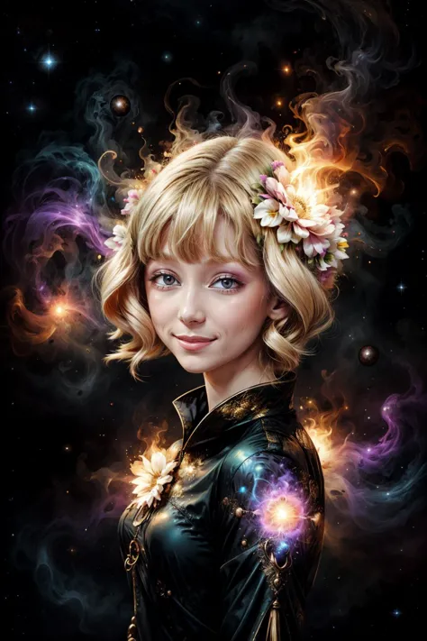 voidparadigm IncrsAnyasHehFaceMeme young pale blonde woman wearing a flowery dress, fire theme, voidminion, voidpsychic, cosmic ...