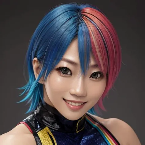 a close up of a woman with a colorful hair and a black top