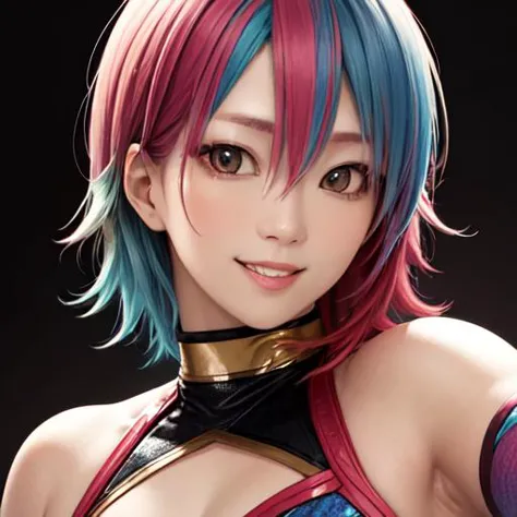 1girl, woman,( asukawwe:1.2), portrait, solo, looking at the viewer, beautiful, smile, multicolored hair ,  blurred background, <lora:Asuka_WWE_-_Kanako_Urai:1>