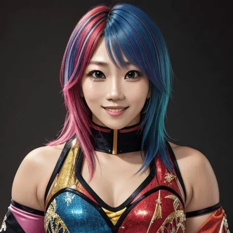 1girl, woman, asukawwe, portrait, solo, looking at the viewer, beautiful, smile, multicolored hair ,  blurred background, <lora:Asuka_WWE_-_Kanako_Urai:1>