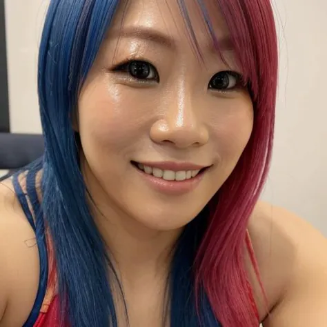 1girl, woman, asukawwe, smiling, solo, focus on face, close up portrait,  <lora:Asuka_WWE_-_Kanako_Urai:1>