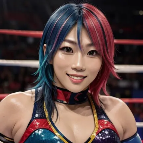 a close up of a woman with a colorful hair and a choke