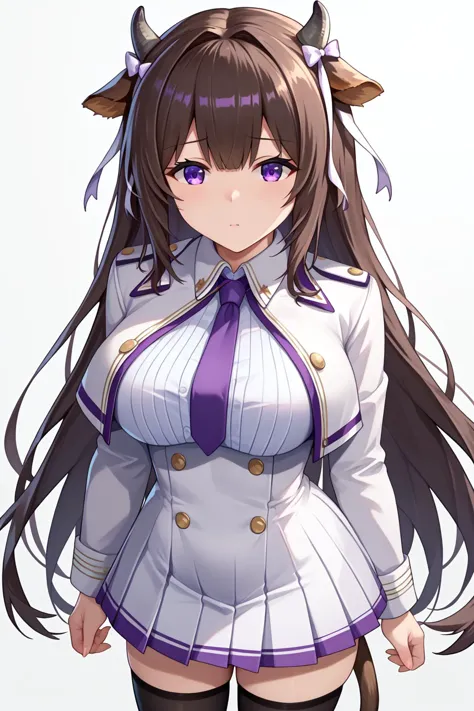 anime girl in a white and purple uniform with horns