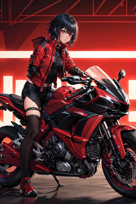 anime girl in red jacket sitting on a red motorcycle