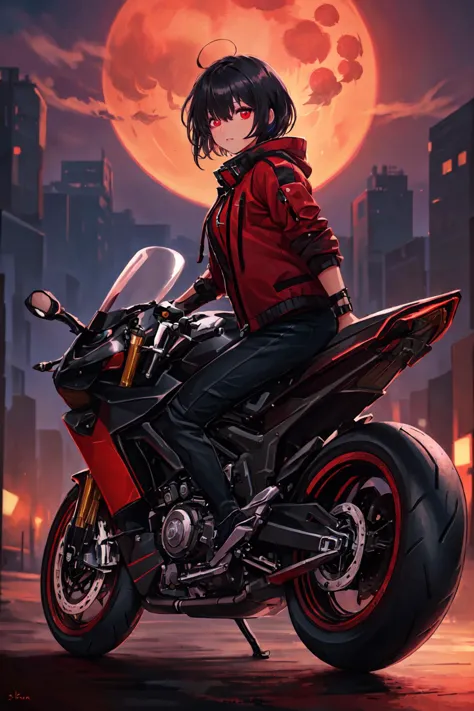 (masterpiece, sidelighting, finely detailed beautiful eyes: 1.2), 1girl, bangs, black hair, blurry, blurry background, blurry foreground, colored inner hair, depth of field, glowing, glowing eyes, hair between eyes, jacket, looking at viewer, parted lips, red eyes, short hair, solo, upper body, ground vehicle, jacket, motor vehicle, motorcycle, on motorcycle, pink background, background, red moon, solo, <lora:Moto:0.6>, Masterpiece, best quality