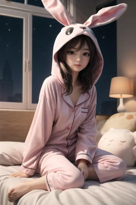 Style: { (masterpiece, (best quality:1.4) , highres, 8k resolution, more detailed), ((anime style)), 3D render, (figure) }; BREAK
Composition: { at room, rabbit pyjama kigurumi }; BREAK
Apperiances: { ((1girl)), cute pose. big eyes, ((looking away)) }; BREAK
Location: { simple background, night, spotlight}; BREAK
Lora: { };