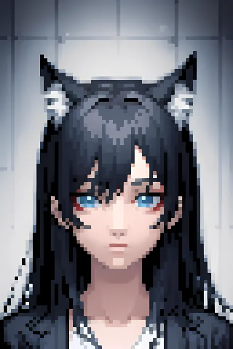 anime girl with black hair and blue eyes in a room