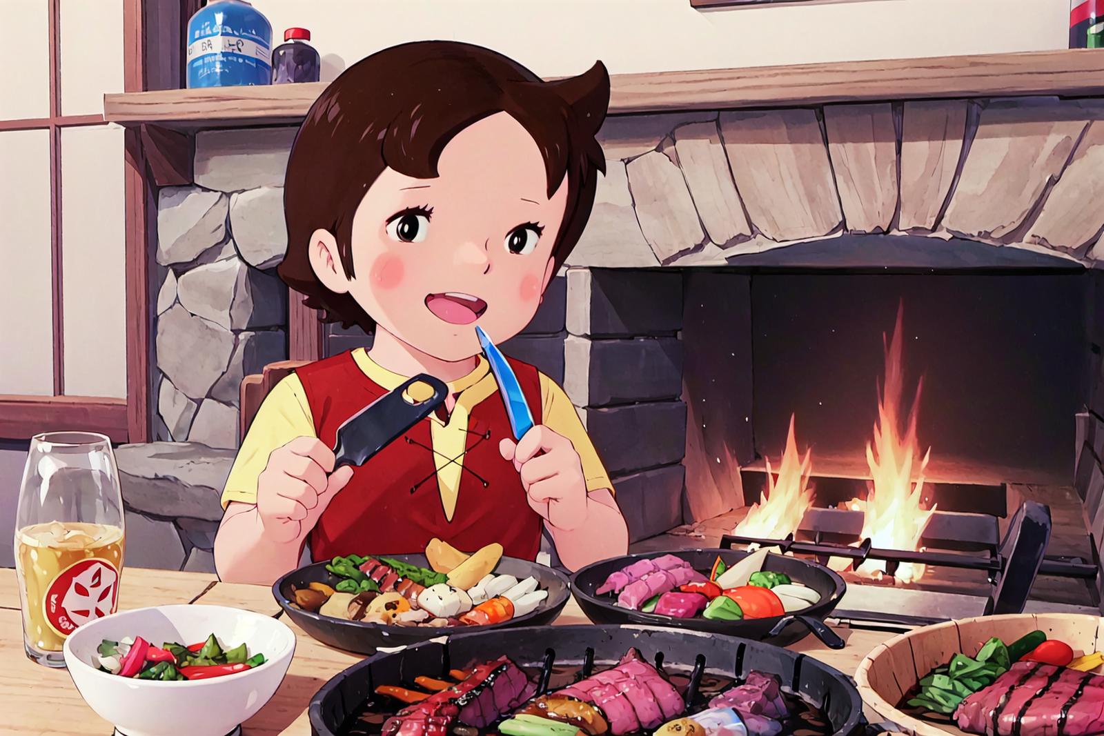 Anime characters cooking on a grill with a table full of food - SeaArt AI