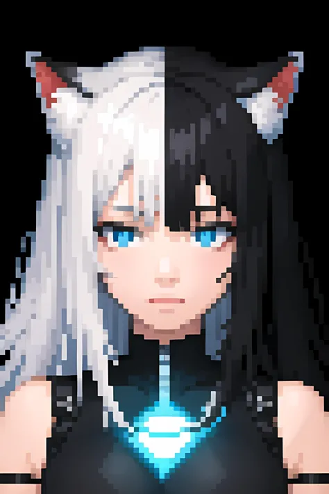 1girl, <lora:64x3:1> 64x3, pixelart, long hair, cat ears, glowing eyes, black hair, white hair, multi hair color, blue eye