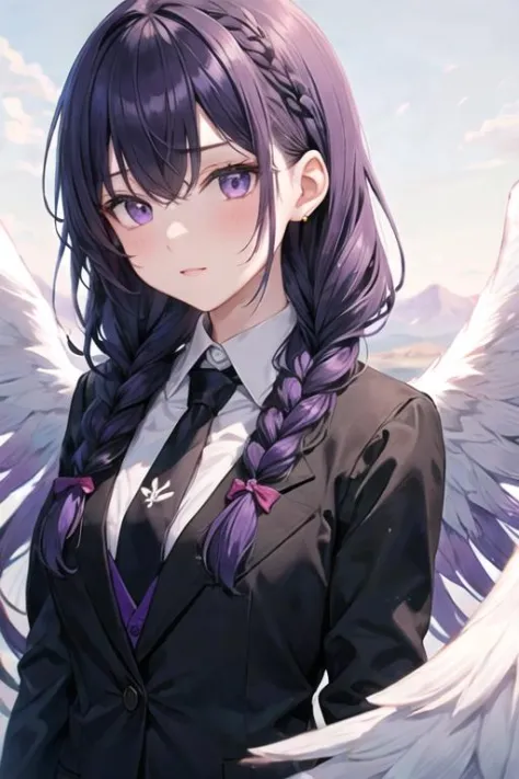 a girl in black suit and purple tie and purple hair,twin braids,angel wings,upper body,wilderness