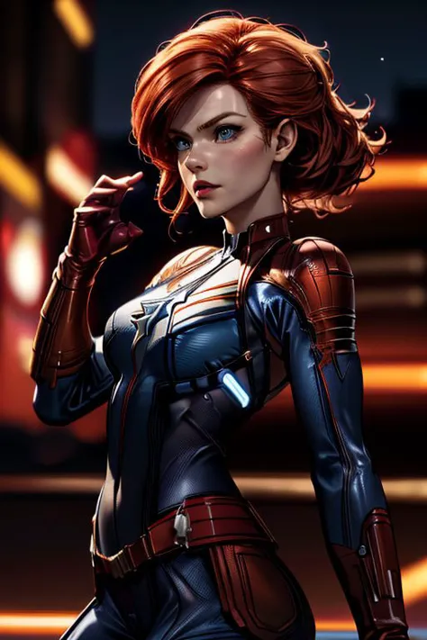 a woman in a black widow suit with red hair and a gun