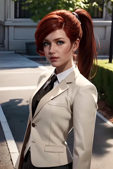 there is a woman in a suit and tie standing on the street