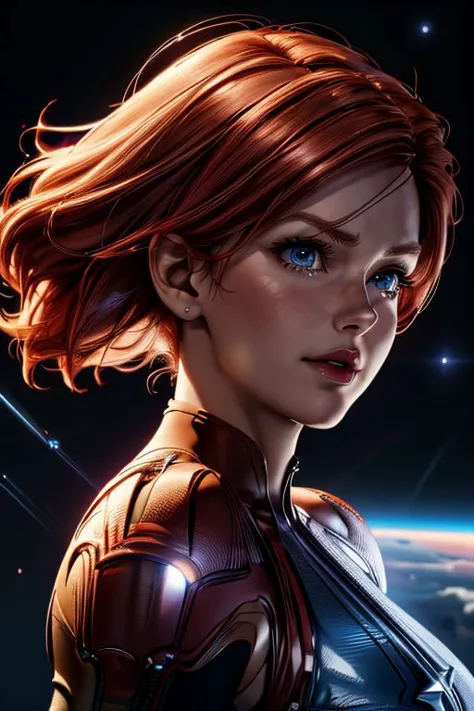 a woman in a black widow suit with red hair and blue eyes