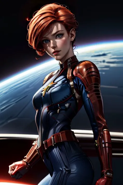 a woman in a suit and helmet standing in front of a planet