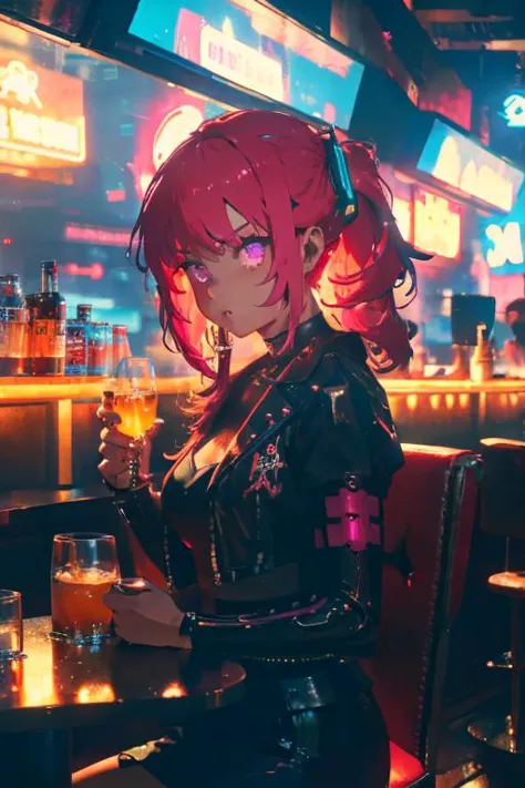 Cyberpunk, 1girl, sitting in a futuristic bar, holding a glass, modified human, elegant suit, pink hair, purple eyes, looking intrigued, finely drawn eyes and face and hands and fingers, complex background, neon, best quality, amazing detail, 4k, 8k, UHD, to scale, anime,