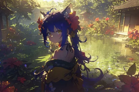 shadows, outline, shrine, ((garden, hibiscus)), overgrown upper body, blush, head tilt, 1girl, blue hair, absurdly long hair, ahoge, yellow eyes, long fox ears, sidelocks, fox tails, light smile, looking at viewer, floating hair, flower hair ornament, kimono, off shoulder, bell choker