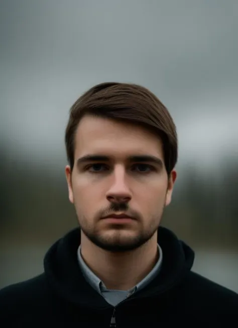 professional photo, closeup portrait photo of caucasian man, wearing black sweater, serious face, dramatic lighting, nature, gloomy, cloudy weather, bokeh <lora:MatthewE_LoRA:0.7>