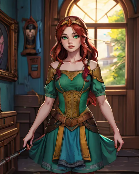 <lora:Kaeli:1> kaeli, red hair, green eyes, long green dress, tiara, kkw-ph1 kkw-skin-det kkw-m4k3-up, (Role-playing game (RPG) ...