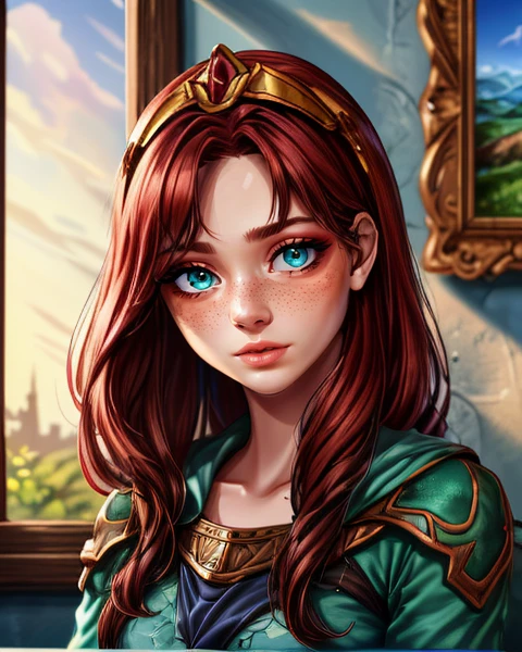 kaeli, red hair, green eyes, long green dress, tiara, kkw-ph1 kkw-skin-det kkw-m4k3-up, (Role-playing game (RPG) style fantasy :1.3), Fantasy, epic, heroic, character-focused, RPG style fantasy, (large format photography:1.3), (masterpiece, best quality, absurdres, detailed, ultra-detailed:1.3), illustration, best quality, beautiful and aesthetic, , fine details, high resolution, , UHD, low-saturation, sharp focus, cinematic shadows,