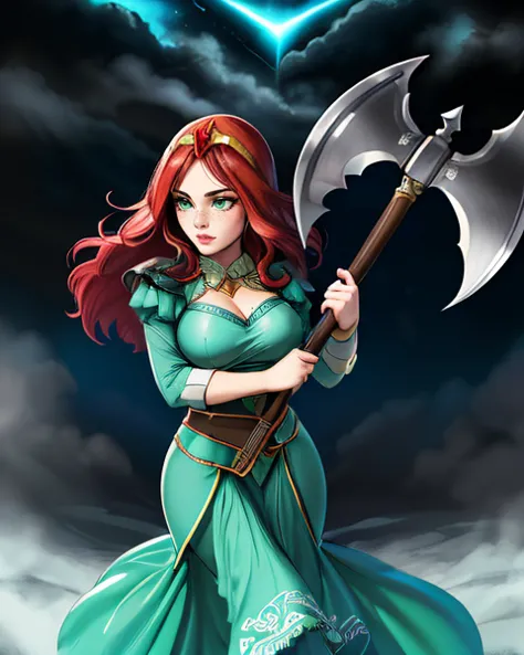 best quality, intricate, exceptional detail, in the style of frazetta, 1girl, solo, kaeli, red hair, green eyes, long green dres...