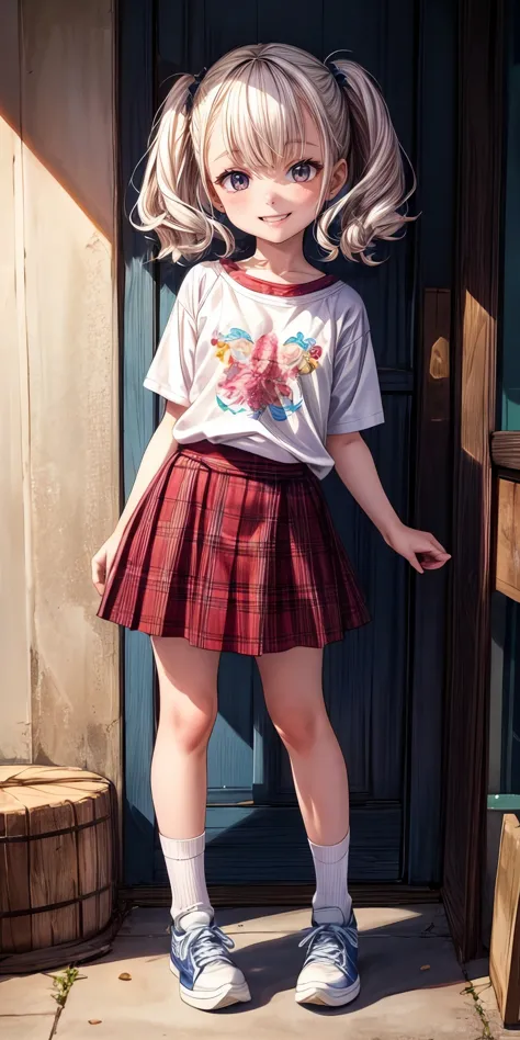 (masterpiece,ultra-detailed,best quality,8K,illustration,shaved:1.2),(petite girl:1.4) jyoji fuku, shirt, plaid skirt, short sleeves, socks, shoes,cowboy shot,smile