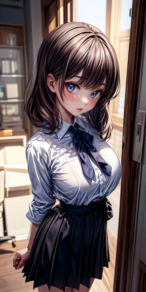 anime girl in a school uniform standing in a doorway