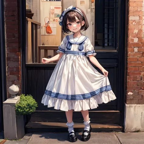 (masterpiece,ultra-detailed,best quality,8K,illustration,shaved:1.2),(petite girl:1.0) <lora:add_detail:1.0>,,cowboy shot <lora:jyoji fuku v1:0.4> jyoni fuku, dress, socks, shoes, smile town