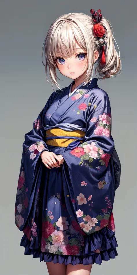 (masterpiece,ultra-detailed,best quality,8K,CG,illustration,shaved:1.0),(girl:1),  <lora:more_details:1> , simple background ,  <lora:jyoji fuku v7:0.6> jyojifuku, yukata,wide sleeves,floral print,dress,frills