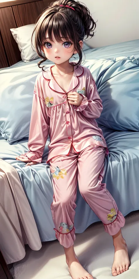 (masterpiece,ultra-detailed,best quality,8K,CG,illustration,shaved:1.2),(petite girl:1.2),  simple background
 jyojifuku, pajamas, long sleeves, barefoot