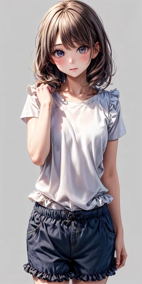 (masterpiece,ultra-detailed,best quality,8K,CG,illustration,shaved:1.0),(girl:1),  <lora:more_details:1> , simple background ,  <lora:jyoji fuku v8-000010:0.5> jyojifuku, shorts, shirt,frills