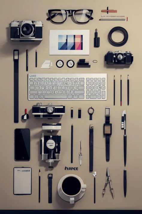 cellphone, cup, eyewear_removed, handheld_game_console, knife, no_humans, phone, smartphone, glasses, leaf, mug, paper, camera, pen, pencil, scissors, coffee, notebook, still_life, eraser, magnifying_glass, iphone, ruler, knolling+laydown <lora:laydown:1>