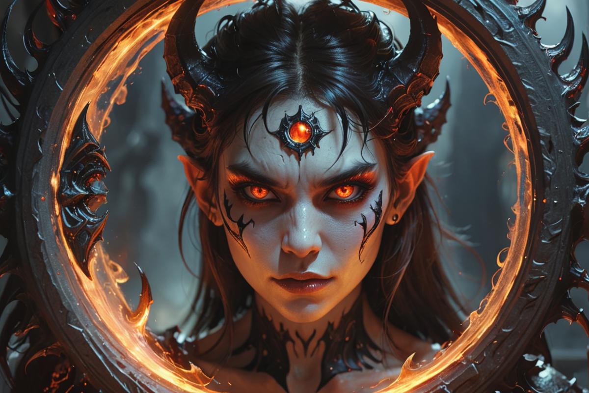 A woman with horns and a demon face in a circle - SeaArt AI