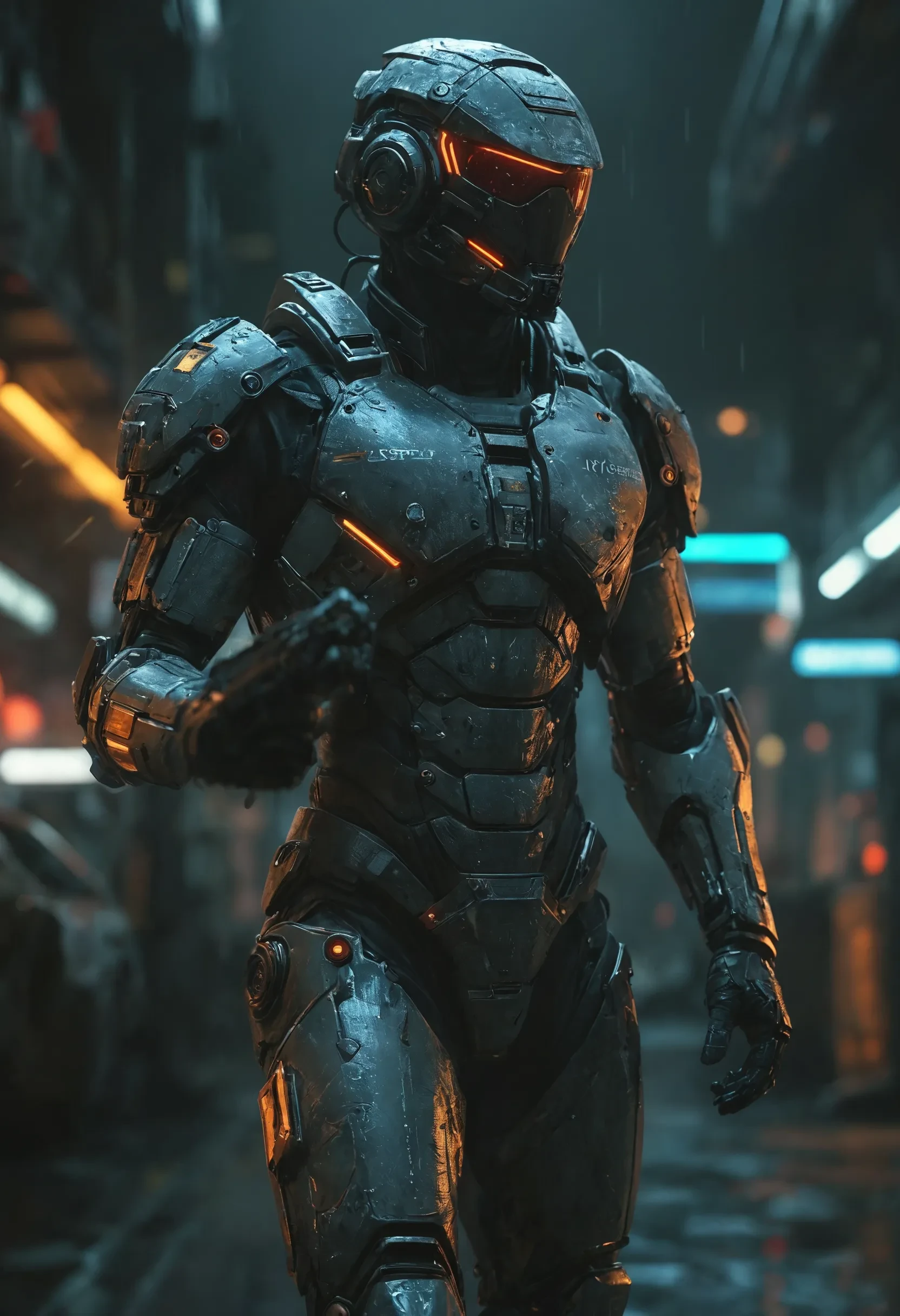 An illustration of a futuristic soldier clad in advanced sci-fi armor, Neon signals running along the rim of the armor,striding confidently while carrying a gun. High-resolution digital illustration capturing the intricate details of the sci-fi armor and advanced weaponry. Format: 4K UHD image. vntblk, dark, background
