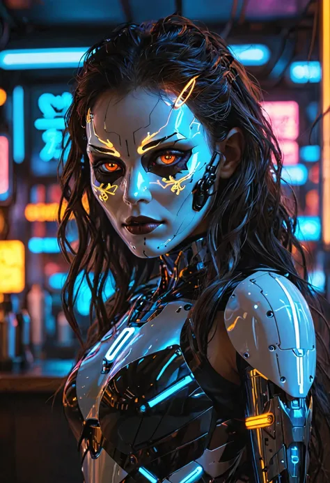 Cybercore Aesthetic, bar with dark neon lights, cyborg woman, glowing eyes, mask, dark brown long hair, looking at viewer, volum...