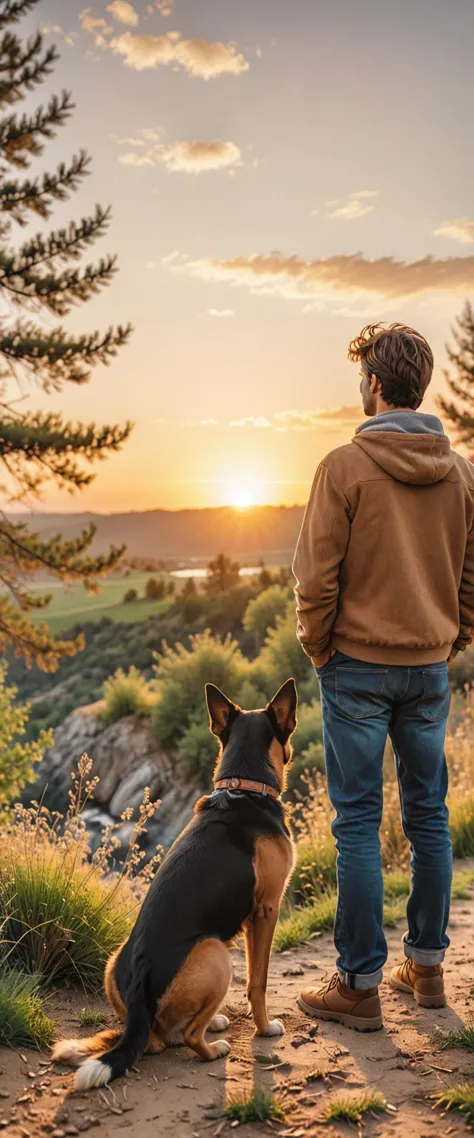 professional photo of a man with a dog looking at the beautiful nature at sunset, back view shot, eye level [ film grain, real l...