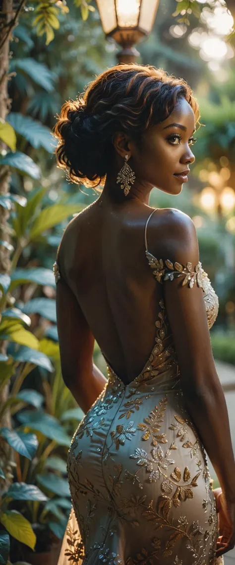 A shining silhouette of a looking back mystique black woman with her deep bright glowing eyes wearing an elegant dress with bare...