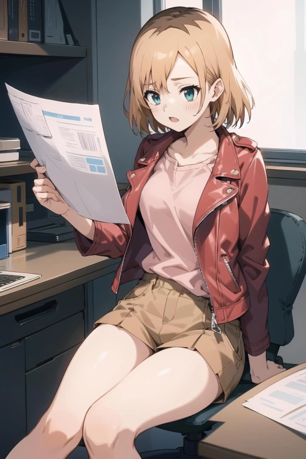 1girl, solo,
miyamori, miyarj, jacket, red jacket, shirt, pink shirt, shorts, brown shorts,
sitting, computer, office, papers, indoors