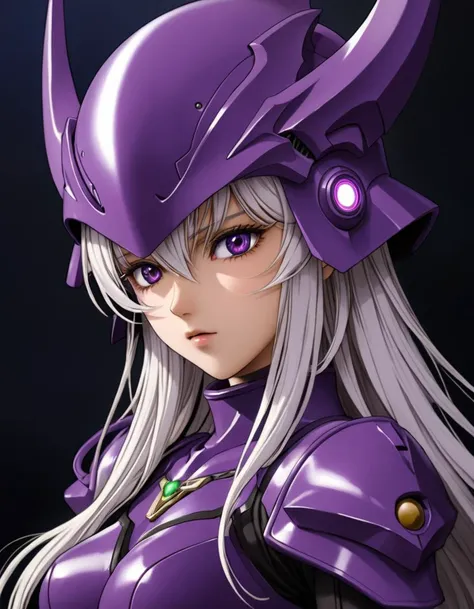 a woman in a purple helmet and purple hair