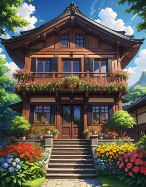 a house with a lot of flowers and plants on the front