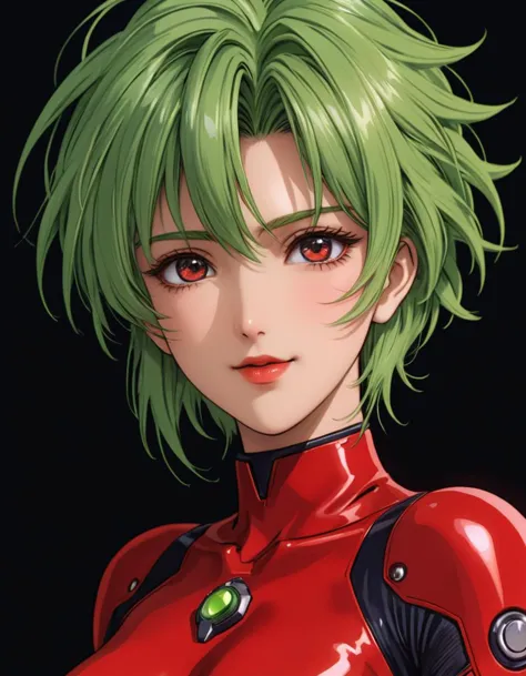 a close up of a woman with green hair and a red suit