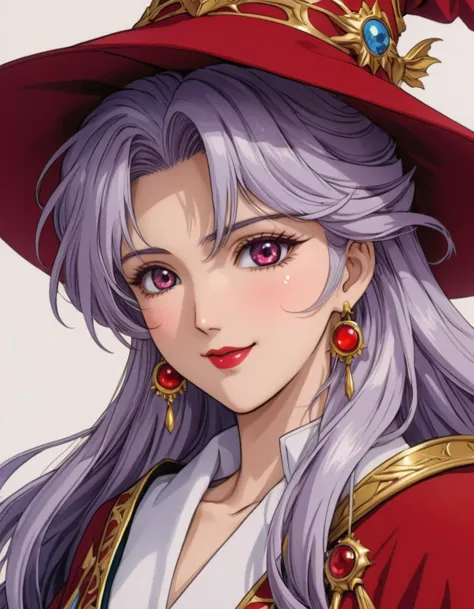 a woman with long purple hair wearing a red hat and red earrings