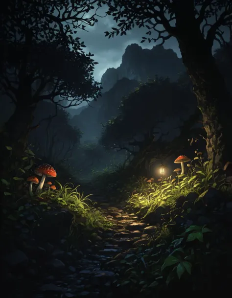 a dark forest with mushrooms and a trail at night