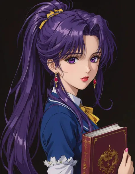 a woman with long purple hair holding a book in her hands