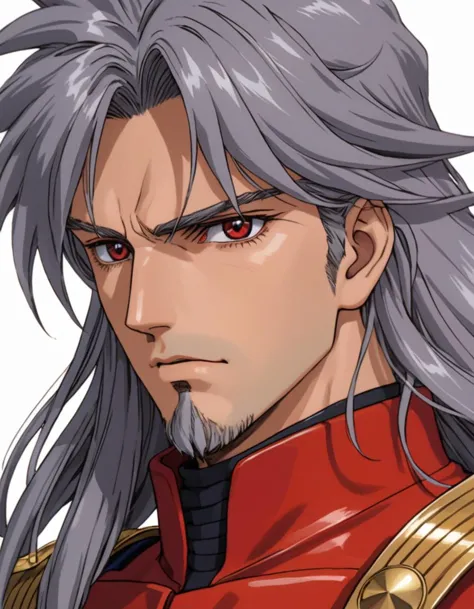 a man with long gray hair and red eyes in a red uniform