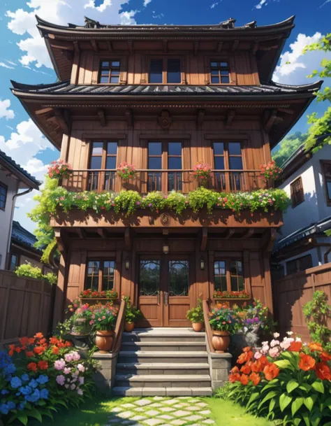 a large wooden building with a lot of flowers on the front