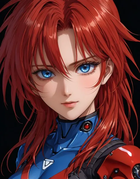 a close up of a woman with red hair and blue eyes