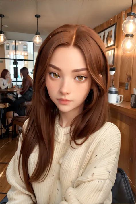 <lora:hairstyles-middlepart:0.5>, middle_parting_hairstyle, beautiful woman wearing sweater, auburn hair, freckles, coffee shop ...