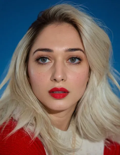 a close up of a woman with blonde hair and red lipstick