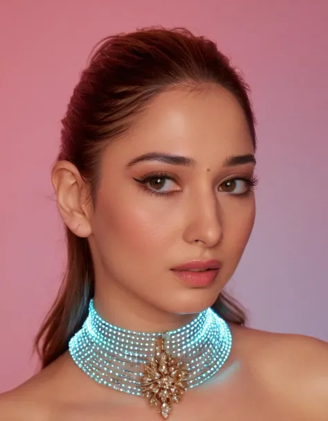 a woman wearing a blue choke with a necklace and earrings