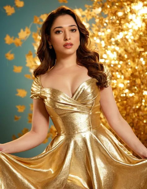 anusha bhatia in a gold dress